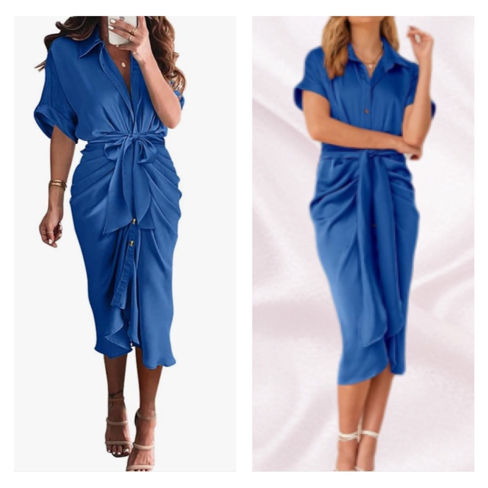 Blue Short Sleeve Belted Ruched Midi Shirt Dress